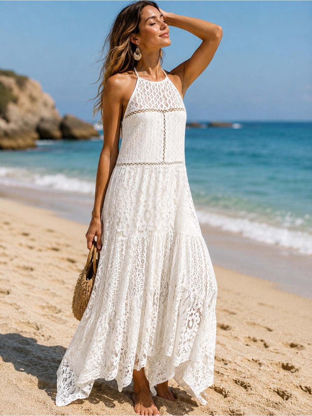 Parker Ivory Lace Halter Handkerchief Dress Size Small Boho